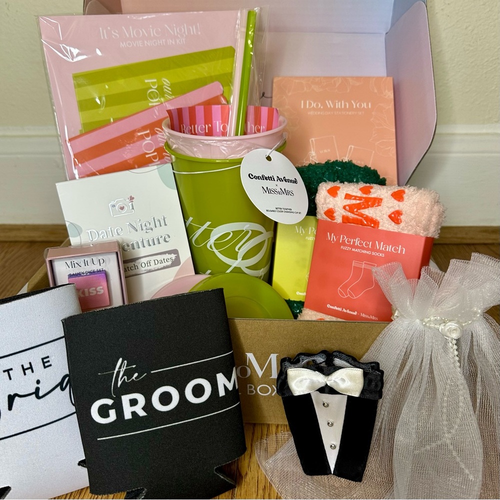 NEW Miss to Mrs Subscription Box Bride & Groom Themed Gift Basket, Couples Gift